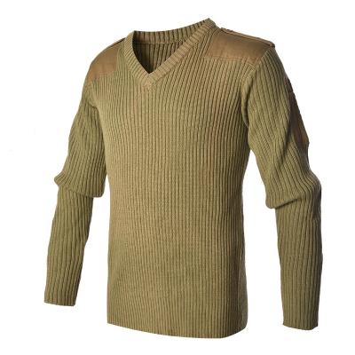 Suéter masculino pulôver cáqui de lã militar com decote em V